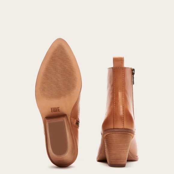 Frye Amado Wedge Cognac Leather Pointy Toe Cowboy Pull On Wood Heeled Ankle Boot - Picture 8 of 16